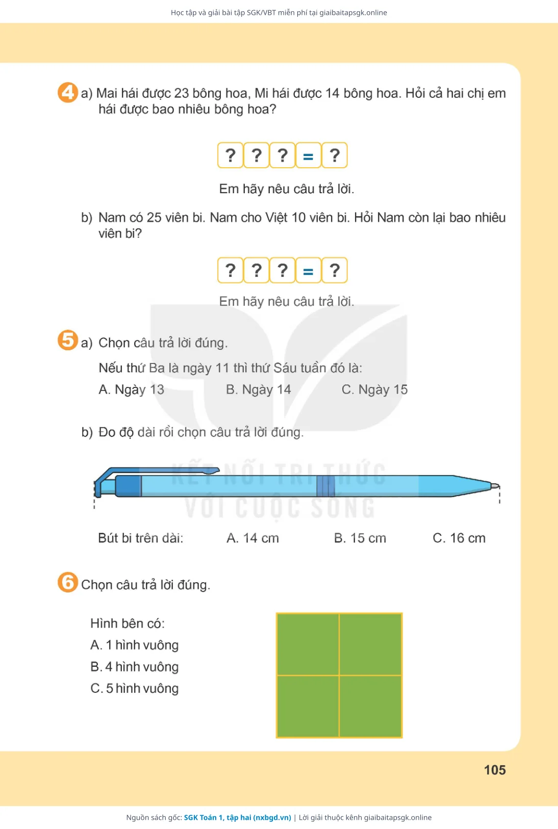 Trang 106 sách giáo khoa SGK Toán 1, tập hai thu nhỏ