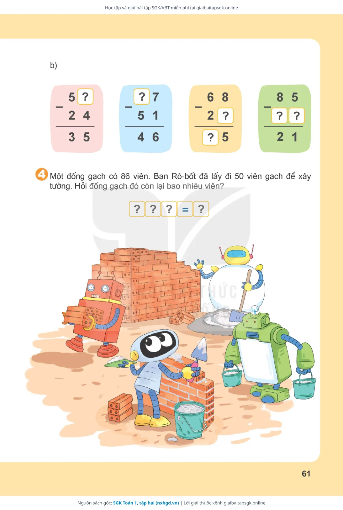 Trang 62 sách giáo khoa SGK Toán 1, tập hai thu nhỏ