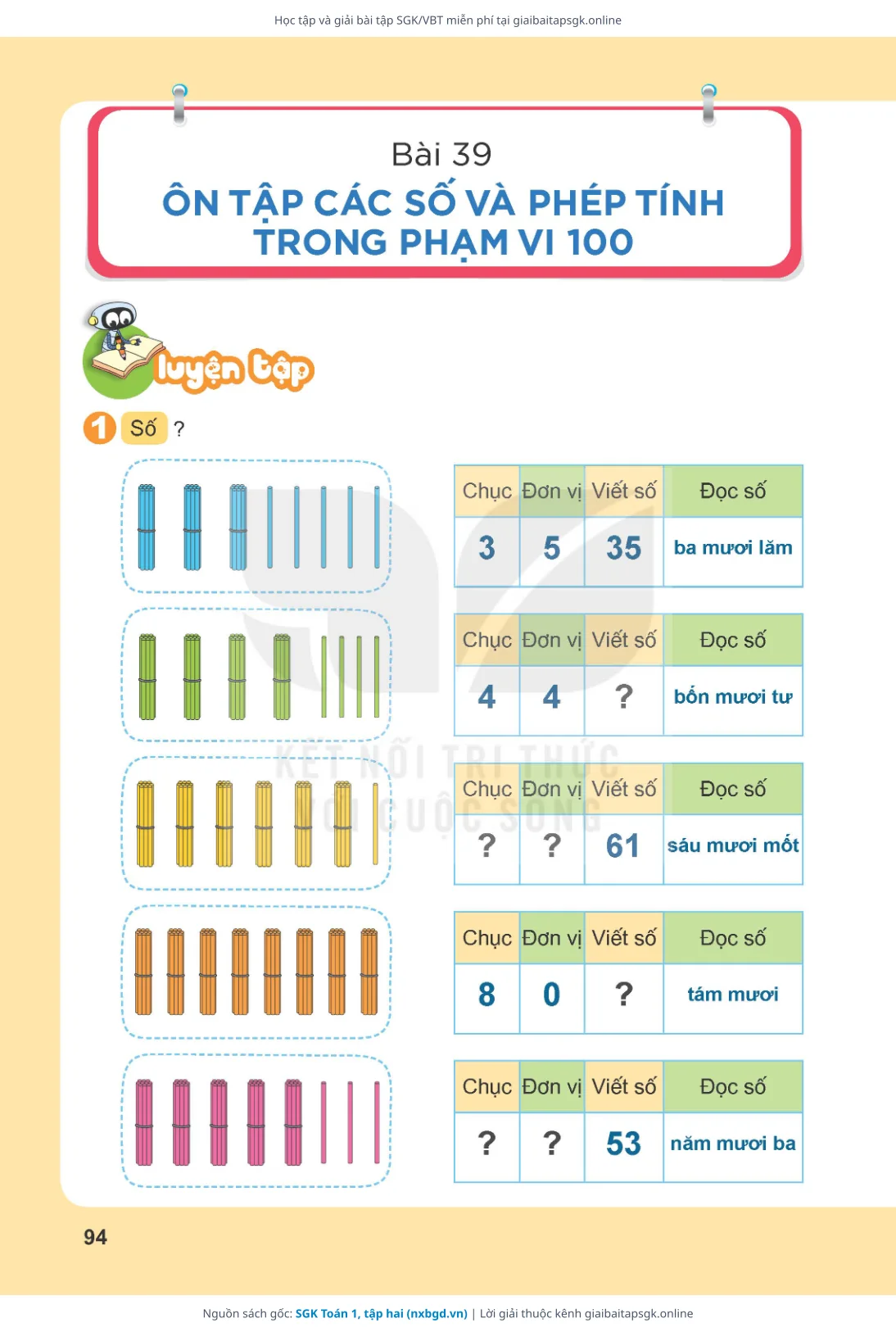 Trang 95 sách giáo khoa SGK Toán 1, tập hai thu nhỏ