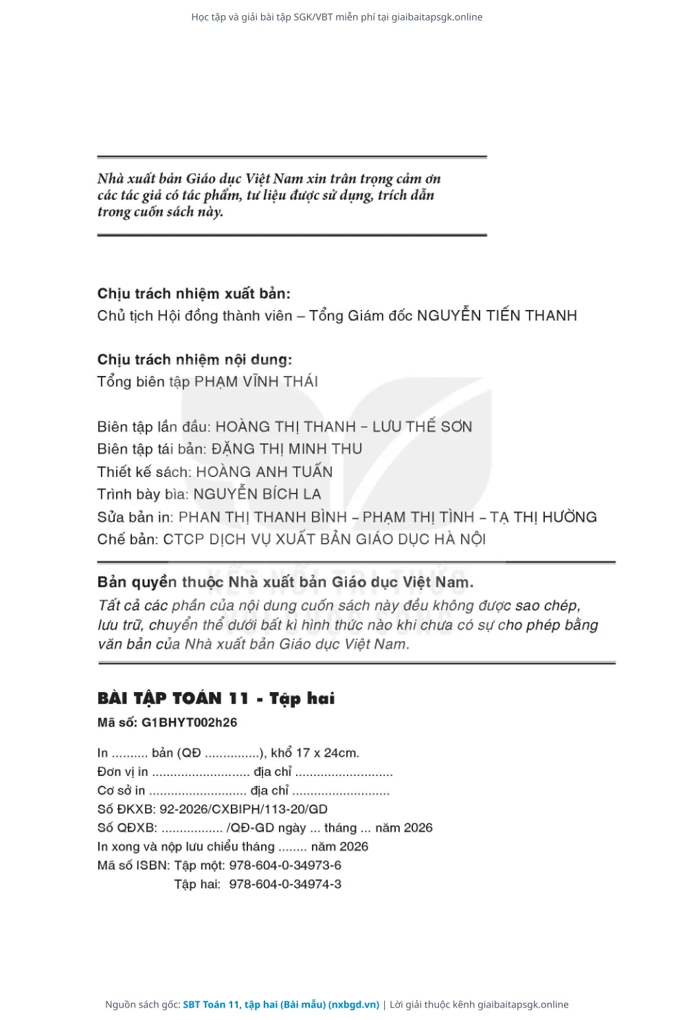 Trang 3 sách giáo khoa SBT Toán 11, tập hai (Bài mẫu) thu nhỏ