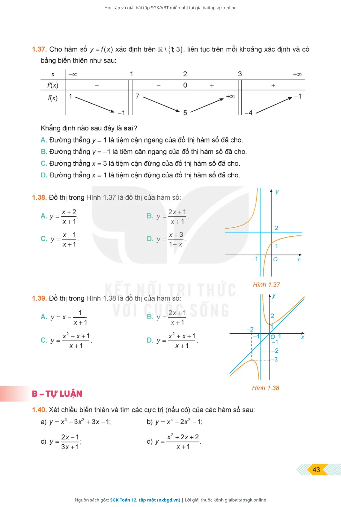 Trang 43 sách giáo khoa SGK Toán 12, tập một bản chuẩn