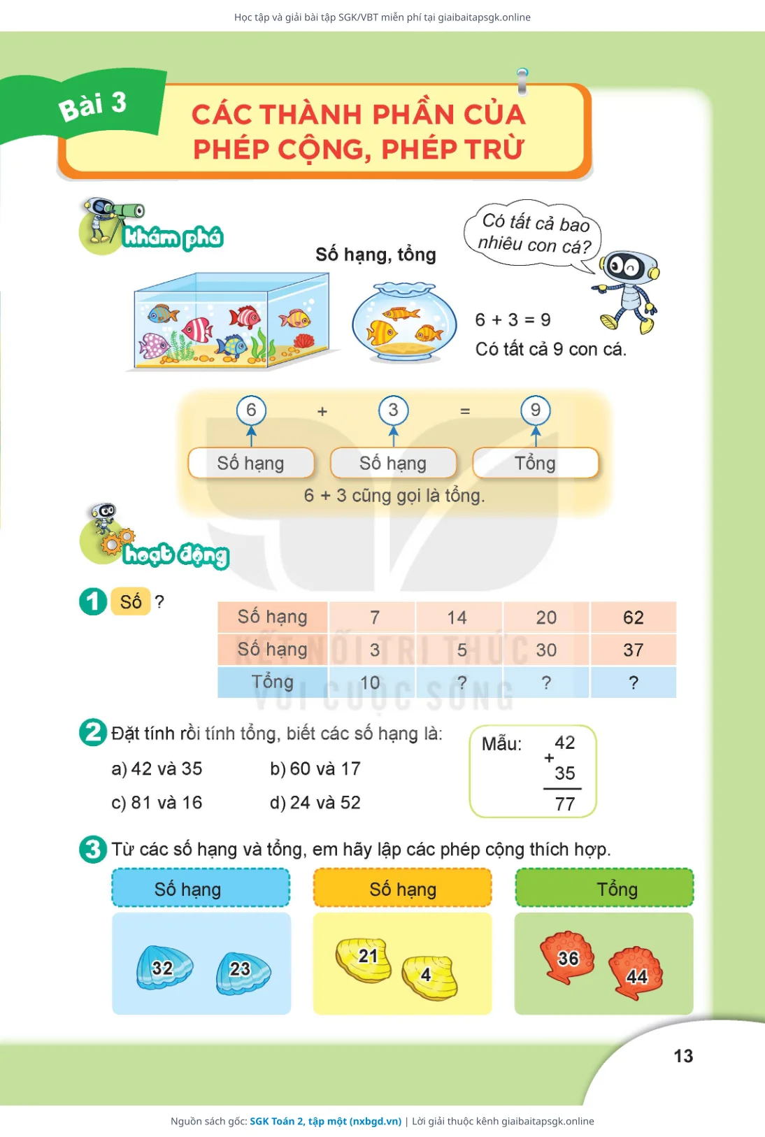 Trang 13 sách giáo khoa SGK Toán 2, tập một bản chuẩn
