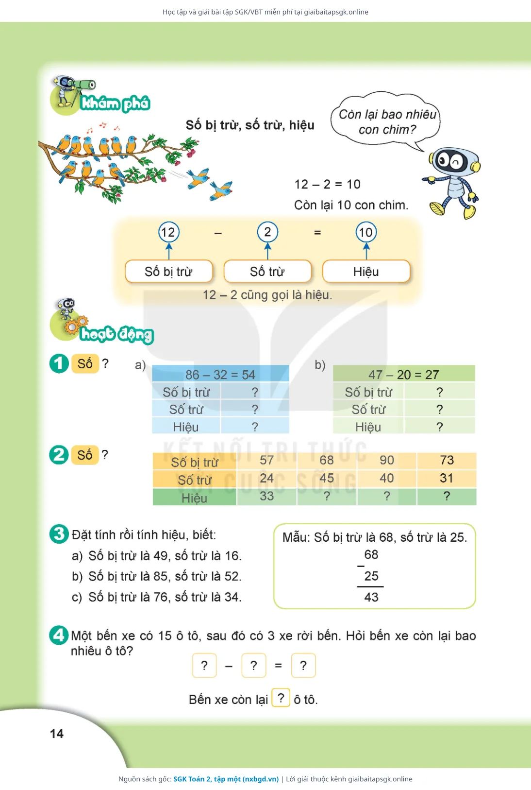 Trang 14 sách giáo khoa SGK Toán 2, tập một thu nhỏ