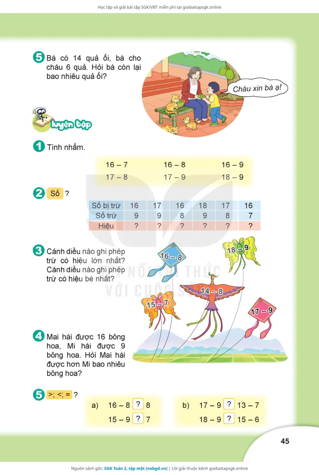 Trang 45 sách giáo khoa SGK Toán 2, tập một thu nhỏ