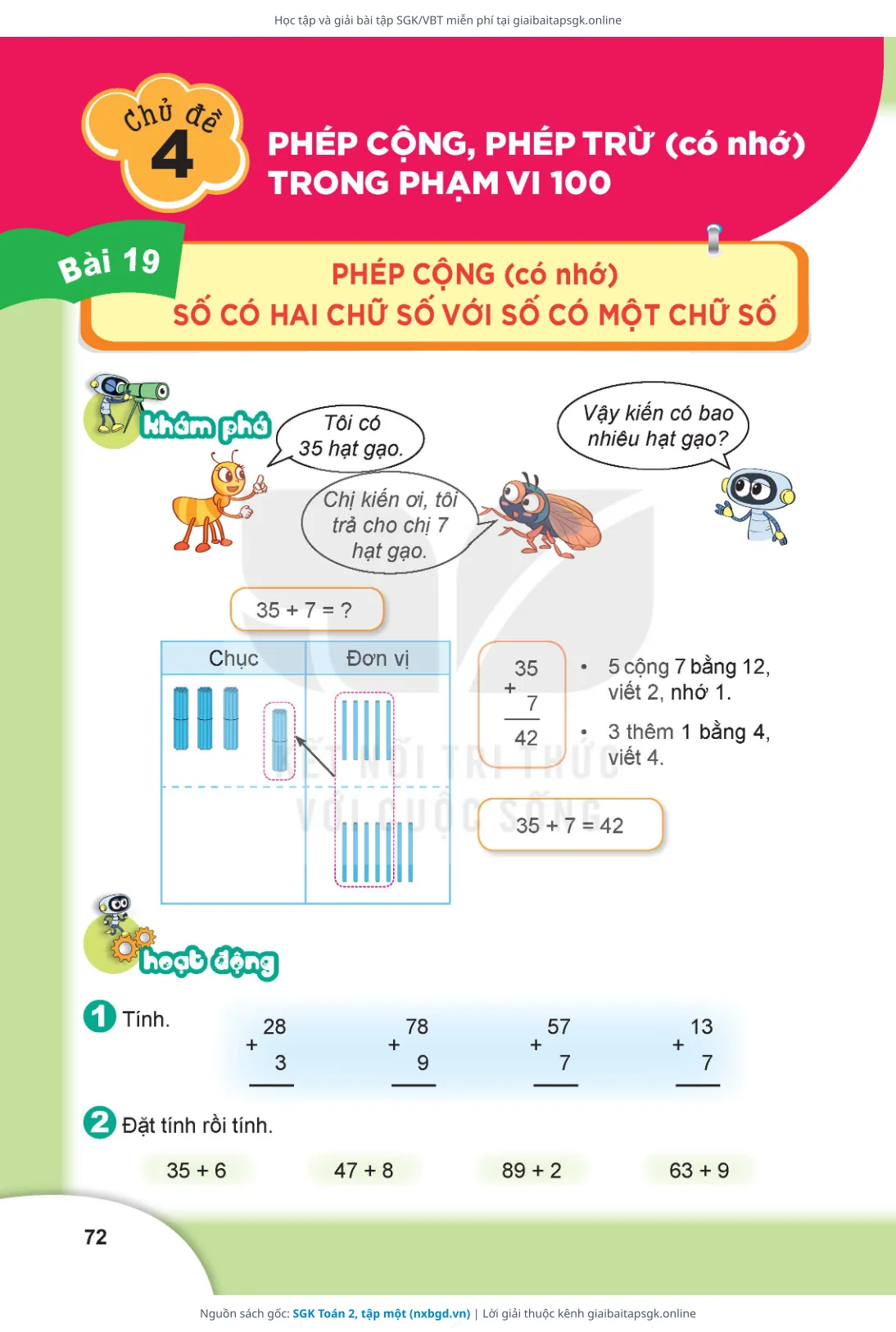 Trang 72 sách giáo khoa SGK Toán 2, tập một bản chuẩn