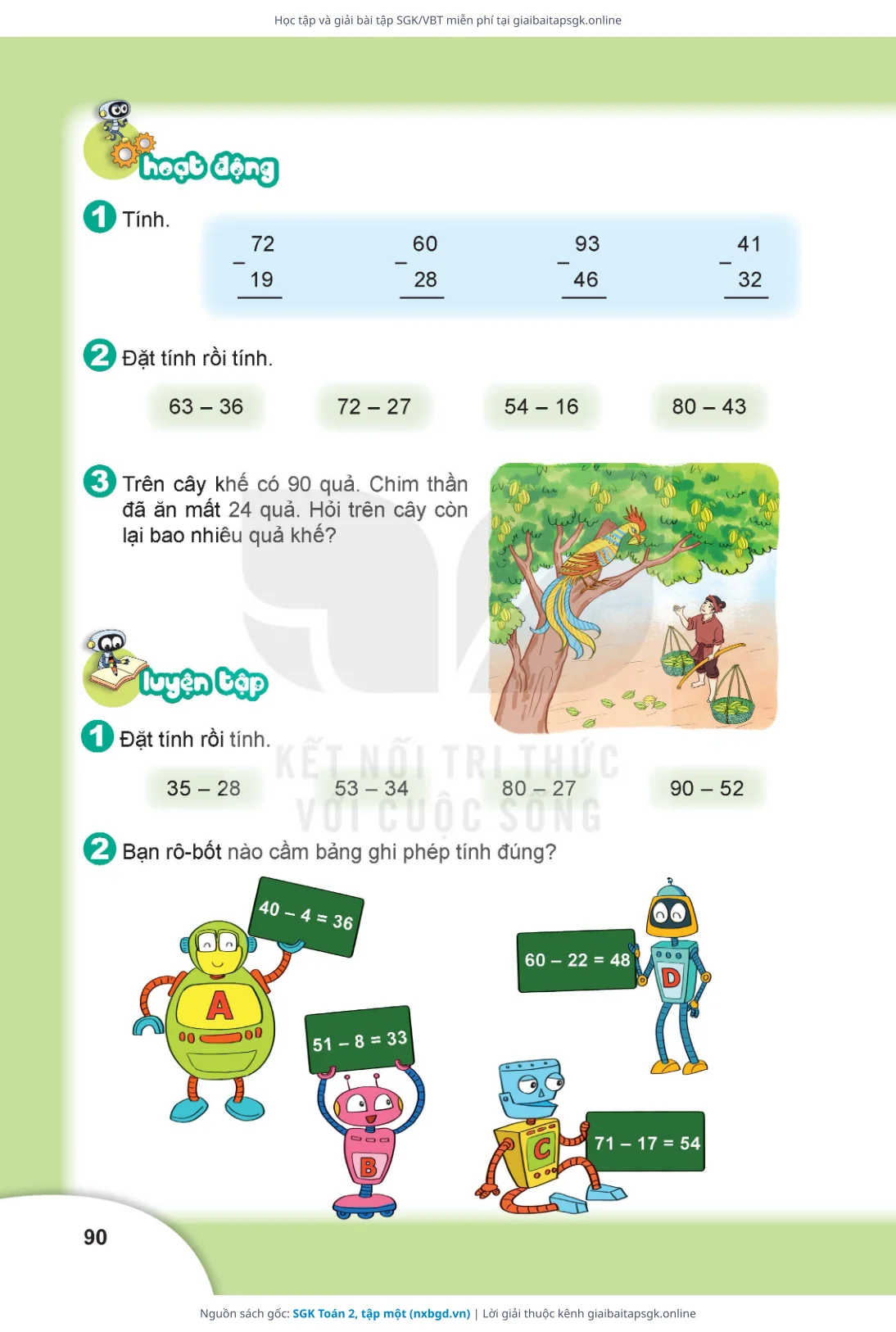 Trang 90 sách giáo khoa SGK Toán 2, tập một thu nhỏ