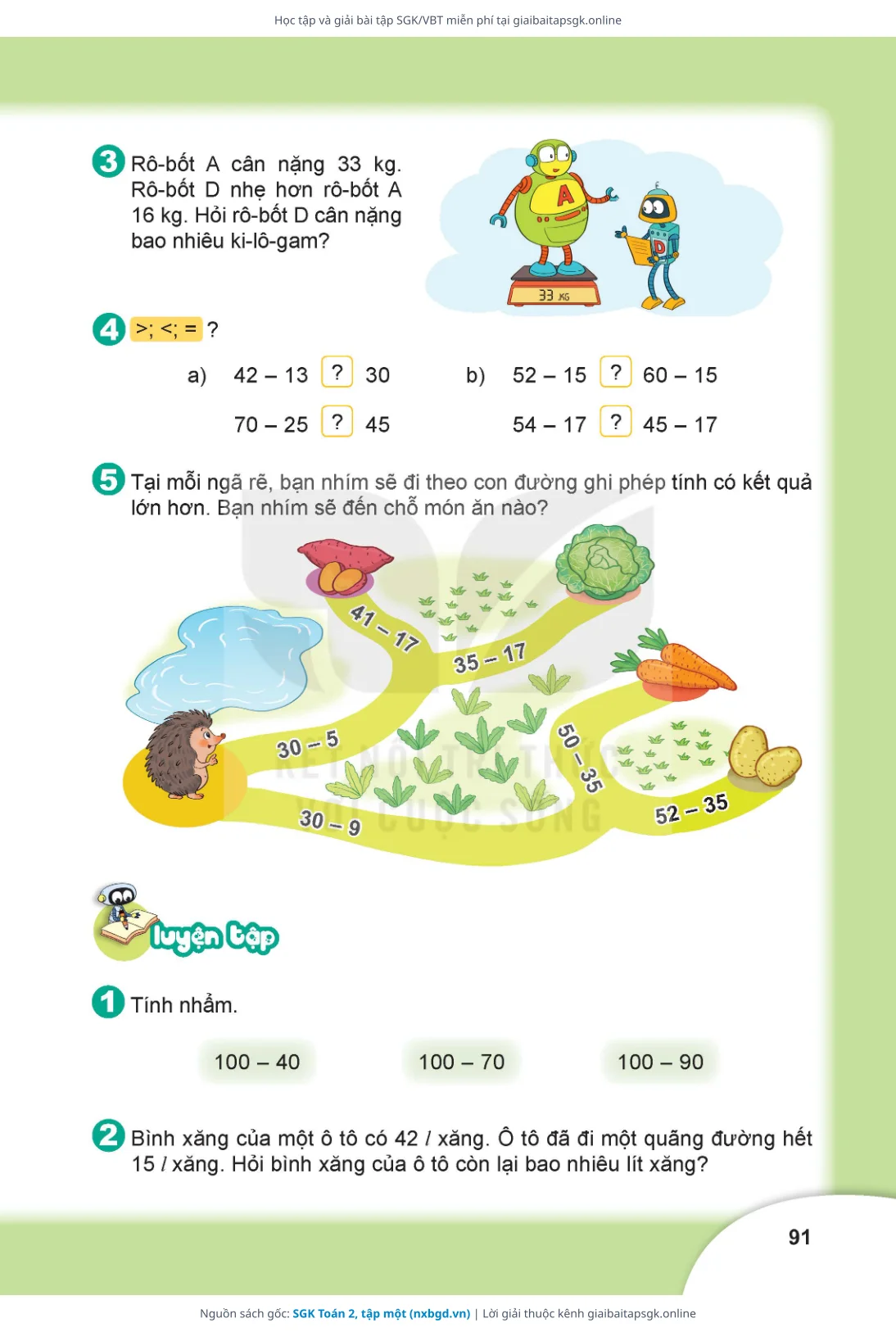 Trang 91 sách giáo khoa SGK Toán 2, tập một thu nhỏ