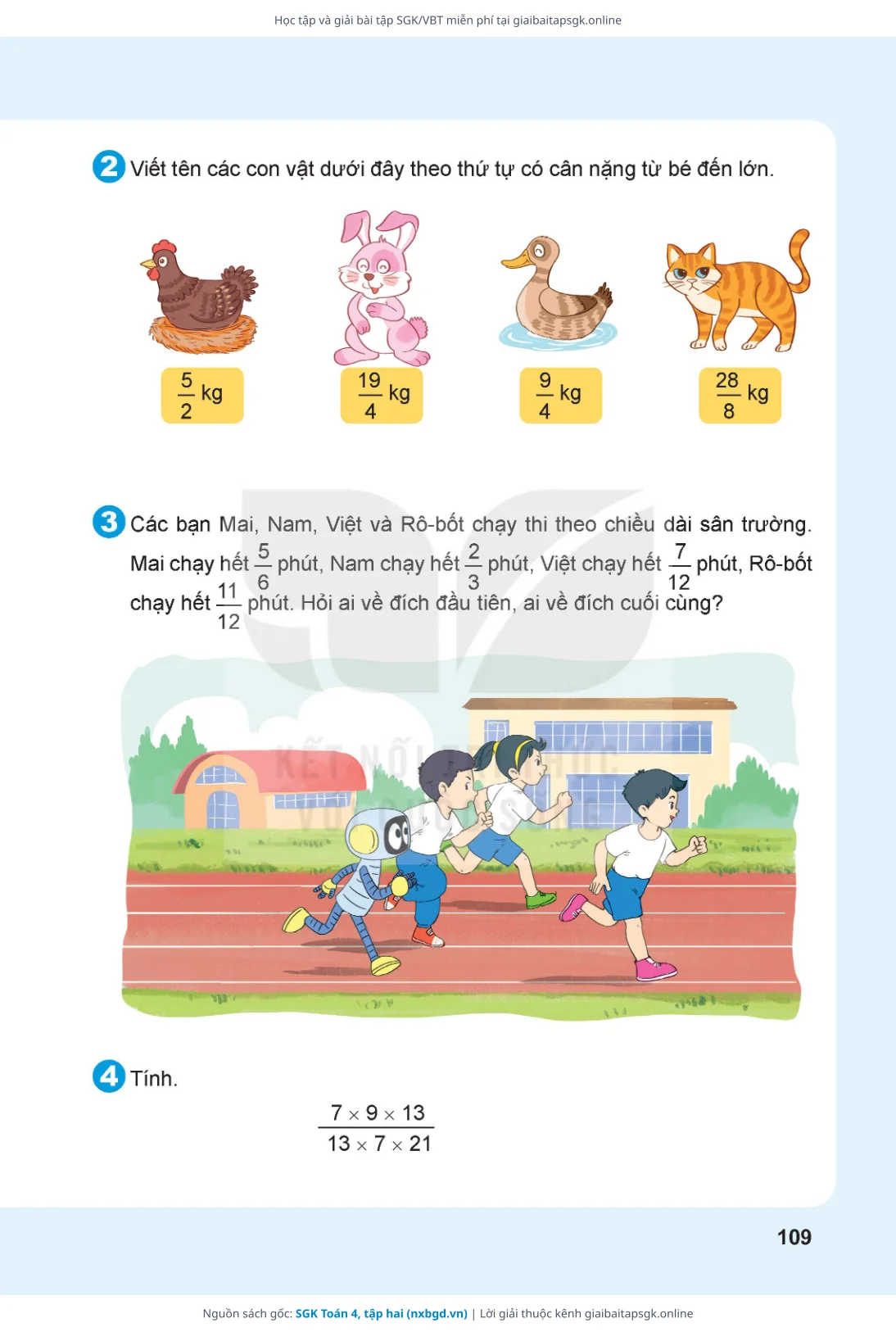 Trang 109 sách giáo khoa SGK Toán 4, tập hai bản chuẩn