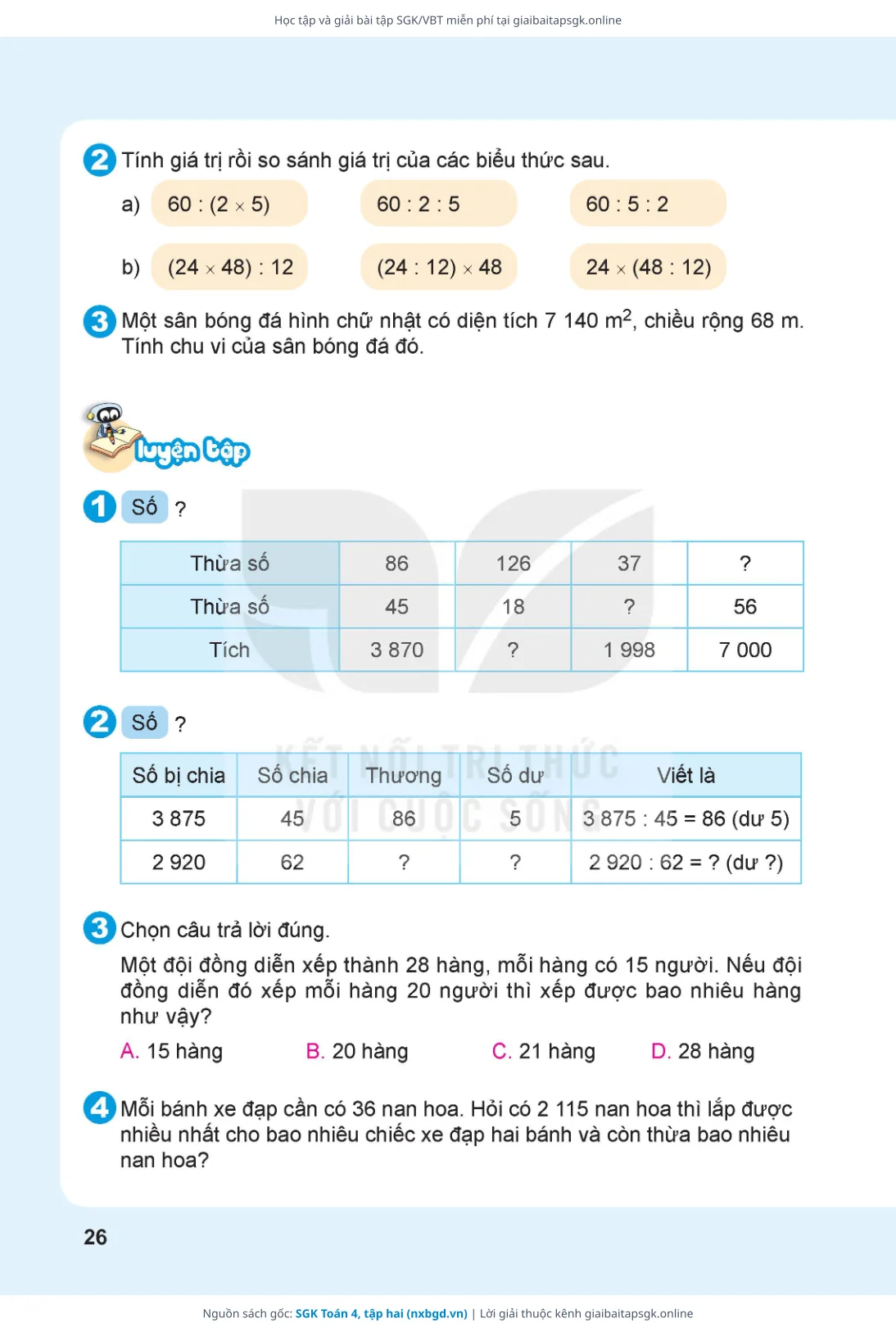 Trang 26 sách giáo khoa SGK Toán 4, tập hai bản chuẩn