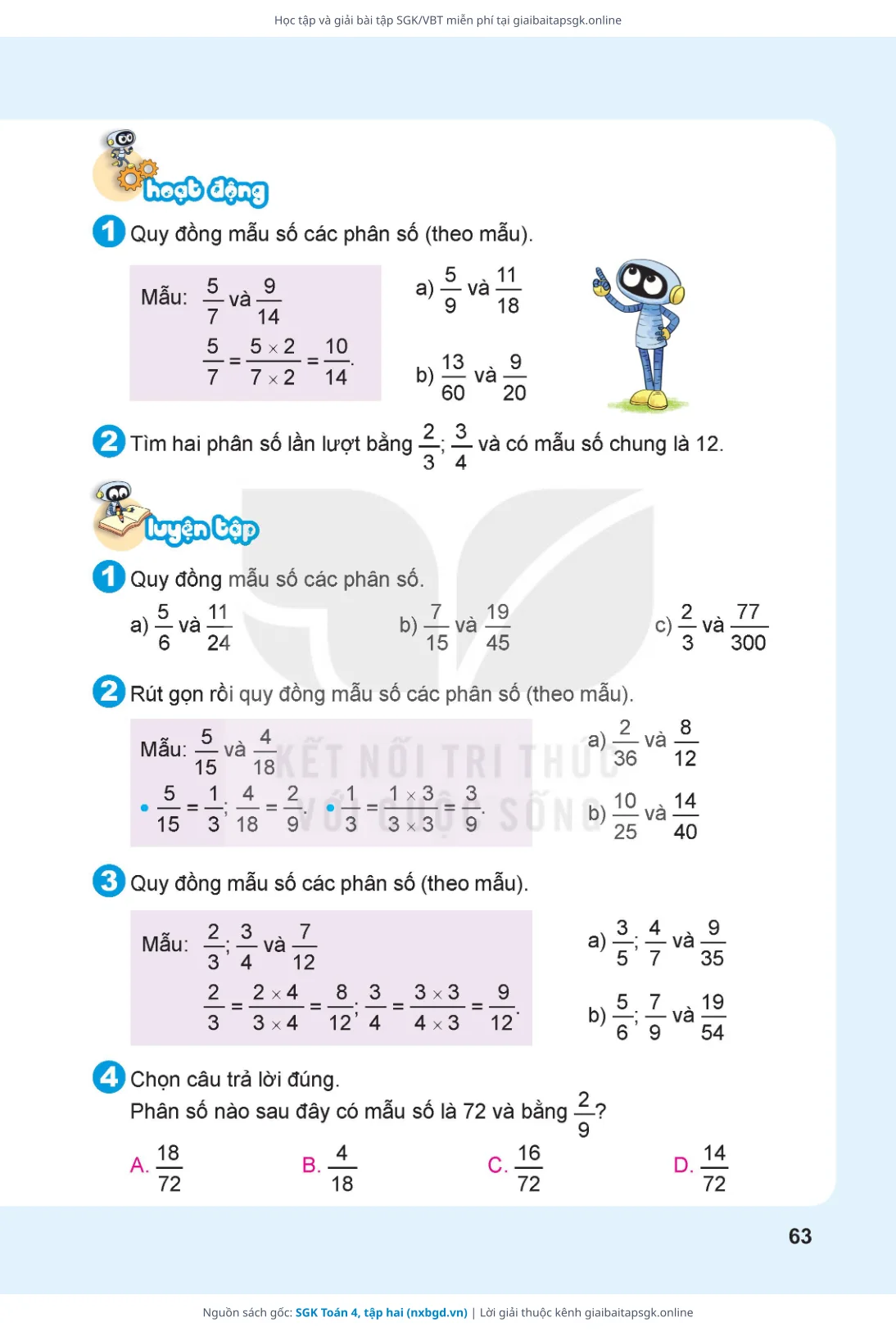 Trang 63 sách giáo khoa SGK Toán 4, tập hai bản chuẩn