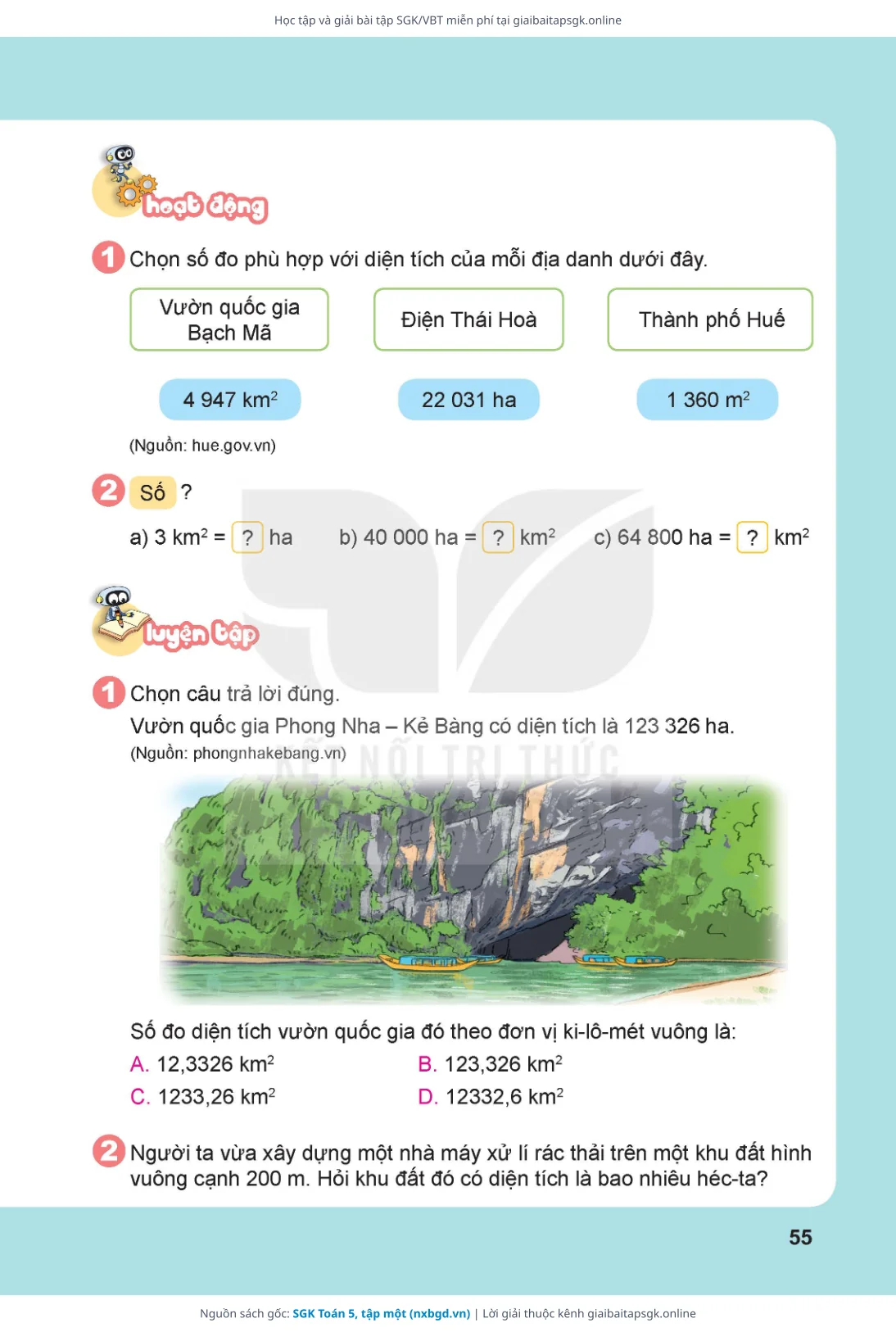Trang 55 sách giáo khoa SGK Toán 5, tập một bản chuẩn