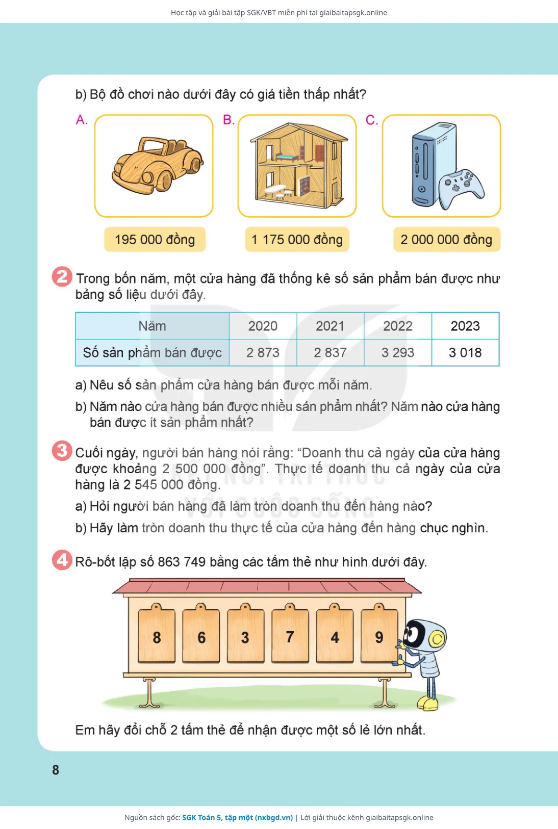 Trang 8 sách giáo khoa SGK Toán 5, tập một thu nhỏ