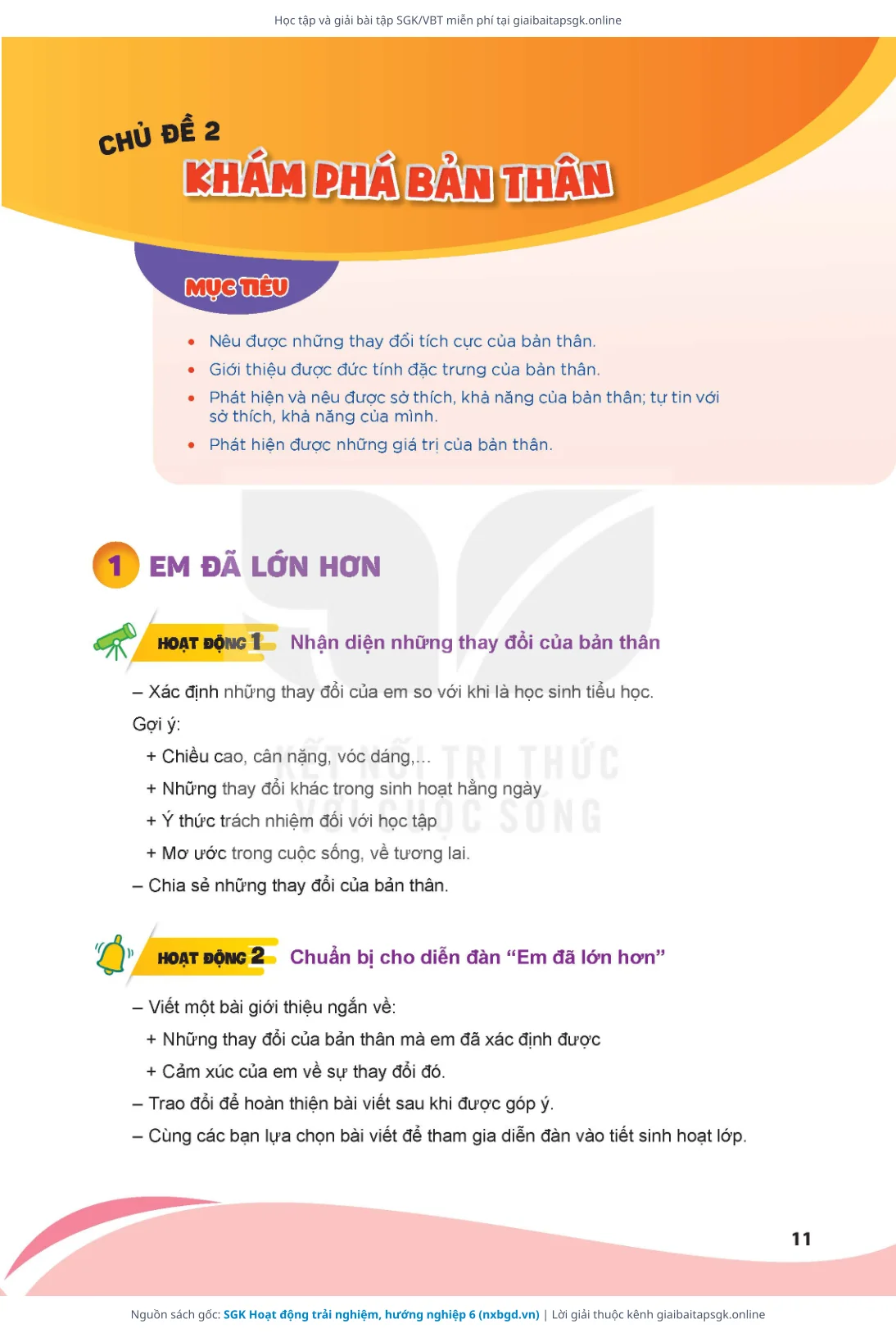 Trang 11 sách giáo khoa SGK Hoạt động trải nghiệm, hướng nghiệp 6 bản chuẩn