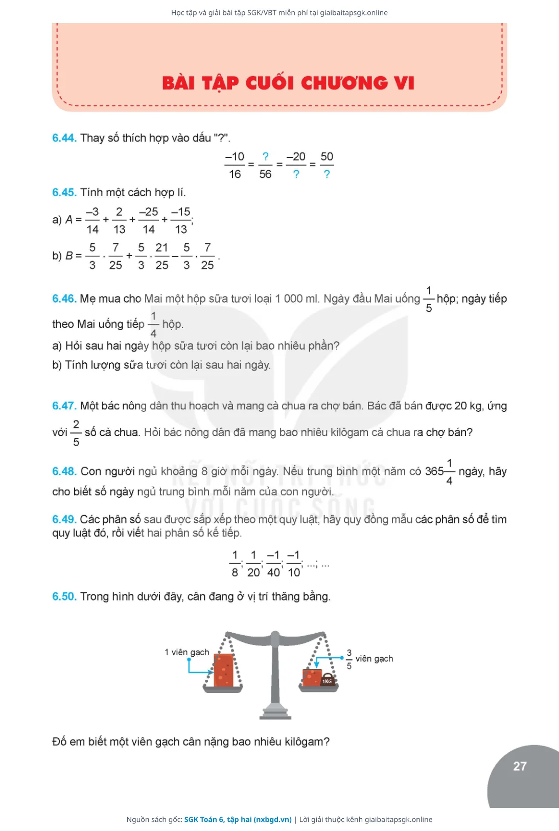 Trang 27 sách giáo khoa SGK Toán 6, tập hai bản chuẩn