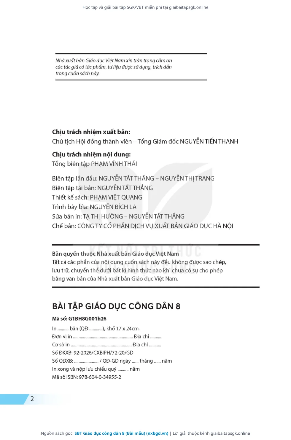 Trang 3 sách giáo khoa SBT Giáo dục công dân 8 (Bài mẫu) thu nhỏ