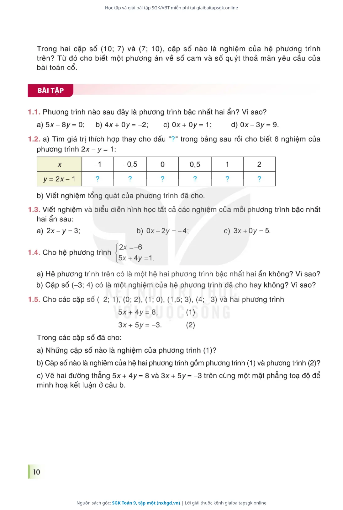 Trang 10 sách giáo khoa SGK Toán 9, tập một bản chuẩn