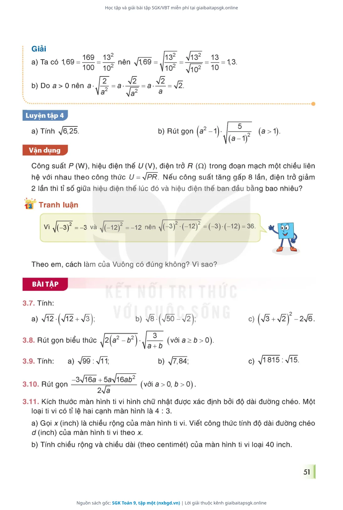 Trang 52 sách giáo khoa SGK Toán 9, tập một thu nhỏ